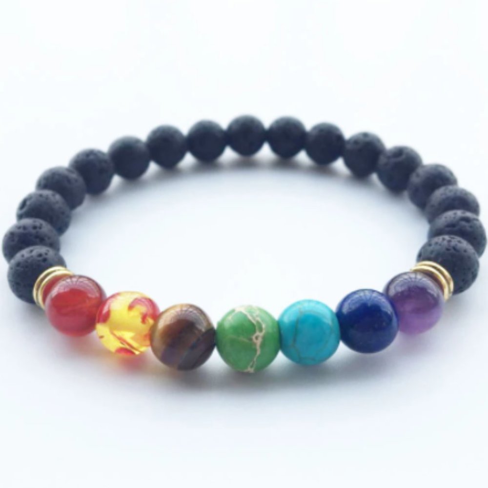 7 Chakra Healing Bracelet Beaded Lava Rock Metal Alloy Stone Spiritual Men Women
